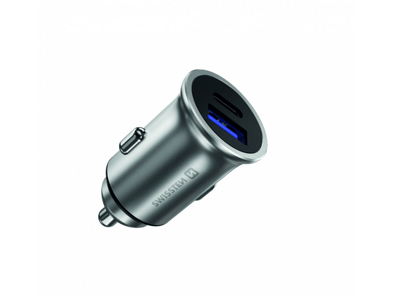 Swissten adapter za auto punjač PowerDelivery USB-C + QuickCharge 3.0, 36W, srebrna metalik (20111740)