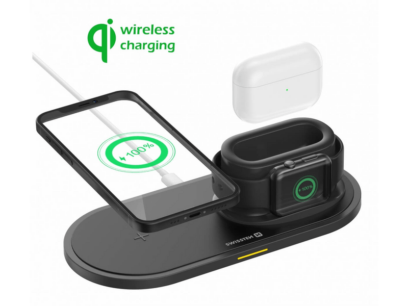 Swissten vezeték nélküli töltőállomás 3in1 fekete, 15W, iPhone, Apple Watch, Airpods/Pro (22055506)