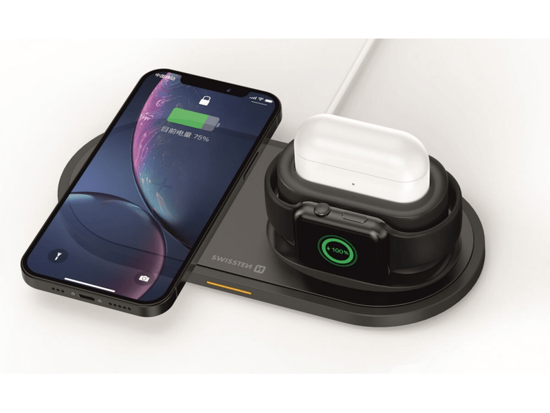 Swissten vezeték nélküli töltőállomás 3in1 fekete, 15W, iPhone, Apple Watch, Airpods/Pro (22055506)