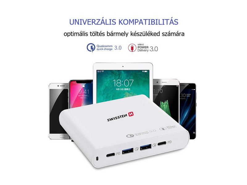 Swissten univerzális töltő, 87W, 2X PowerDelivery 3.0 port & 2X Qualcomm QuickCharge 3.0 port, PPS (22013340)
