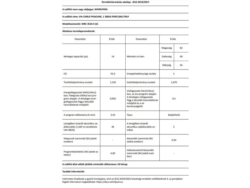 Whirlpool WBC 3C26 X Beépíthető mosogatógép