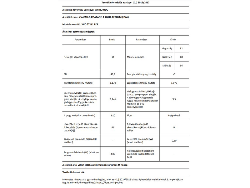 Whirlpool WIO 3T141 PES Beépíthető mosogatógép