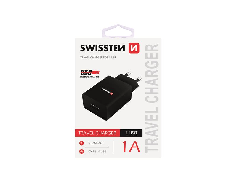 Swissten Hálózati Töltő adapter, 1 USB port, 1 A, fekete (22035000)