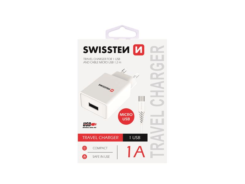 Swissten Hálózati töltőadapter + Mikro USB kábel, fehér (22061000)