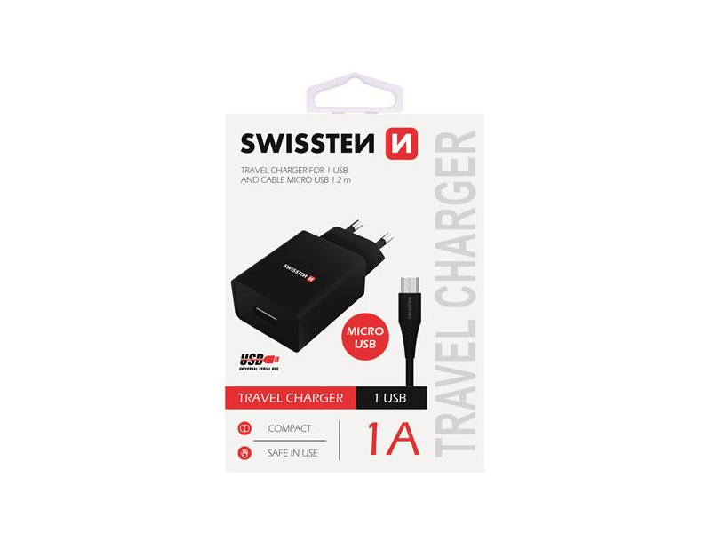 Swissten Hálózati töltőadapter + Mikro USB kábel, fekete (22062000)