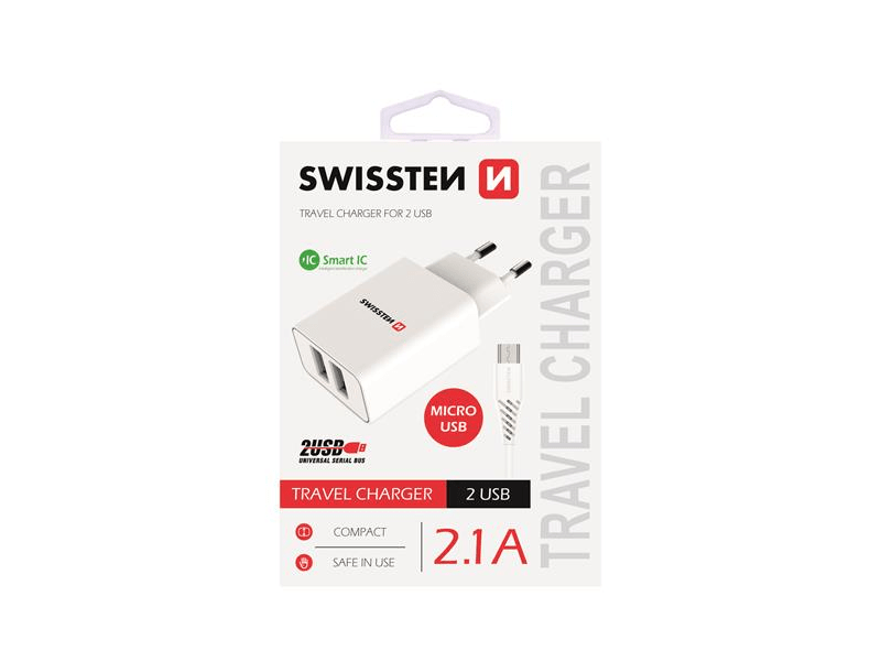 Swissten Hálózati töltőadapter + Mikro USB kábel, fehér (22051000)