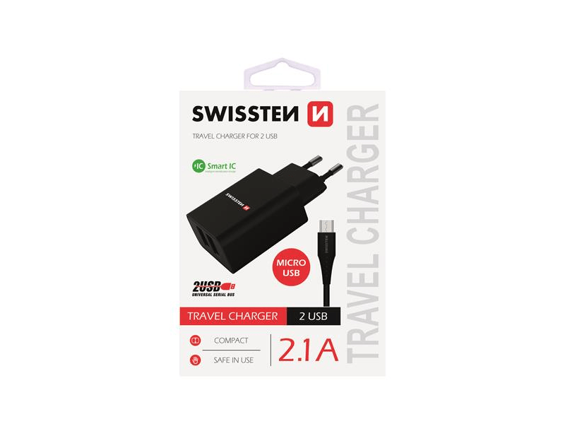 Swissten Hálózati töltőadapter + Mikro USB kábel, fekete (22052000)