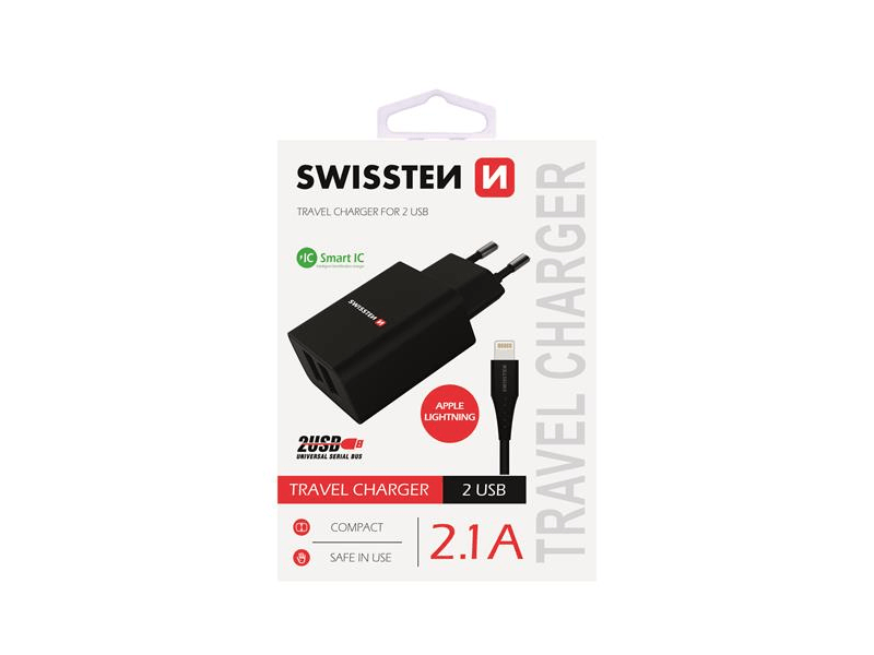 Swissten Hálózati Töltő + Lightning kábel, fekete (22058000)
