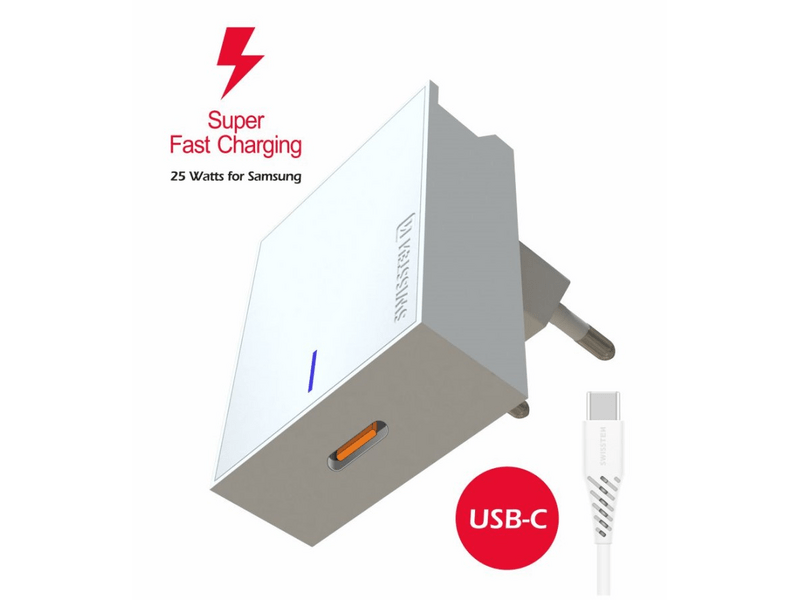 Swissten Samsung SuperFastCharging 25W Töltő adapter fehér + Type-C töltőkábel (22050200)