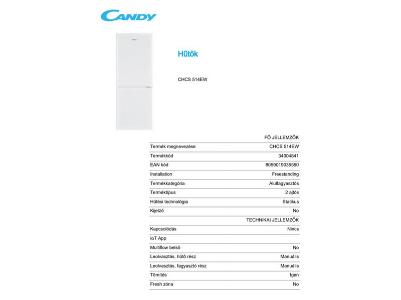 Candy CHCS 514EW Alulfagyasztós kombinált hűtőszekrény