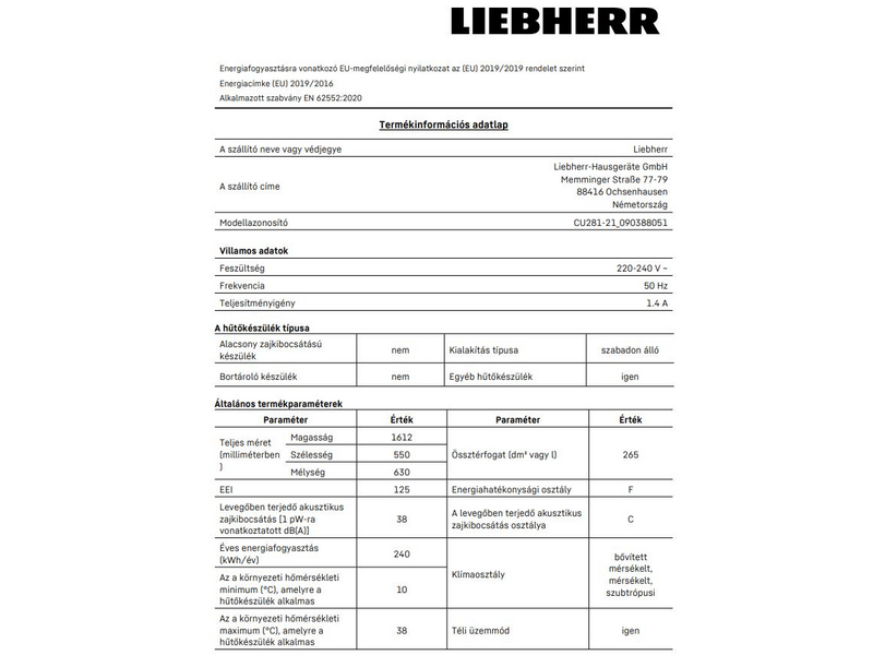 Liebherr CU281-21 Alulfagyasztós kombinált hűtőszekrény