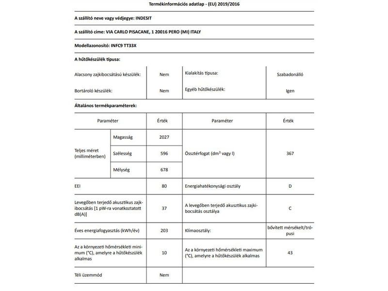 Indesit INFC9 TT33X Alulfagyasztós hűtőszekrény