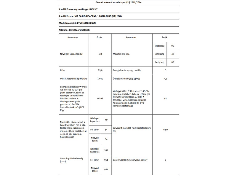 Indesit BTW L50300 EU/N Felültöltős mosógép