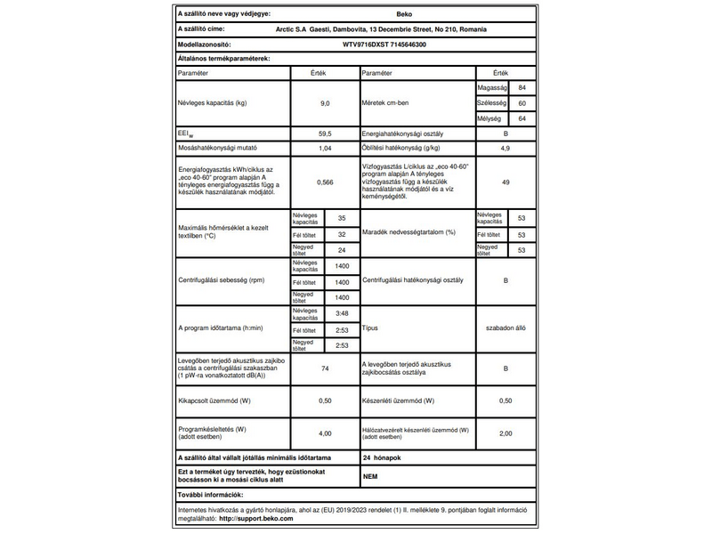 BEKO WTV9716DXST Elöltöltős Gőzmosógép