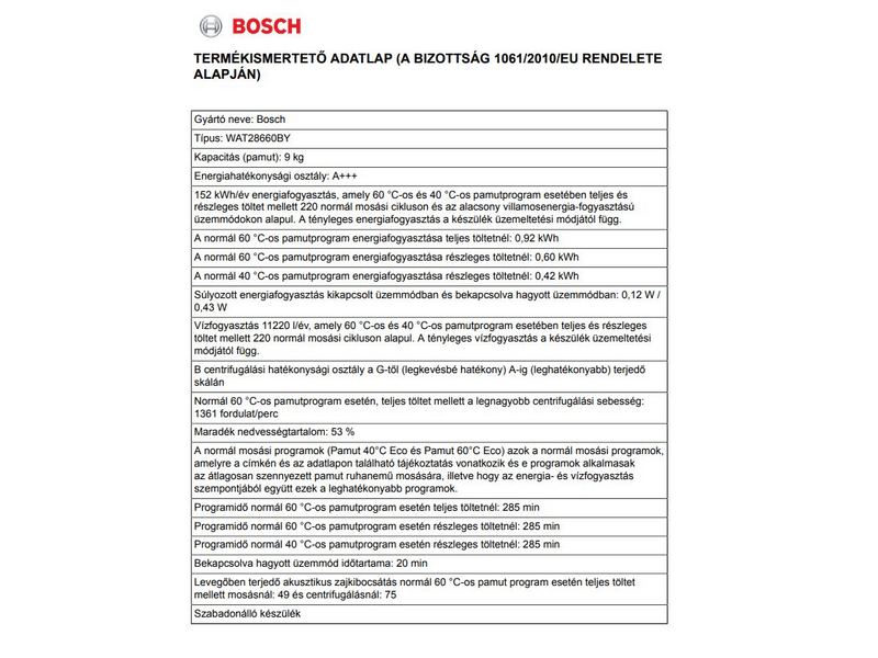 BOSCH WAT28660BY Elöltöltős mosógép
