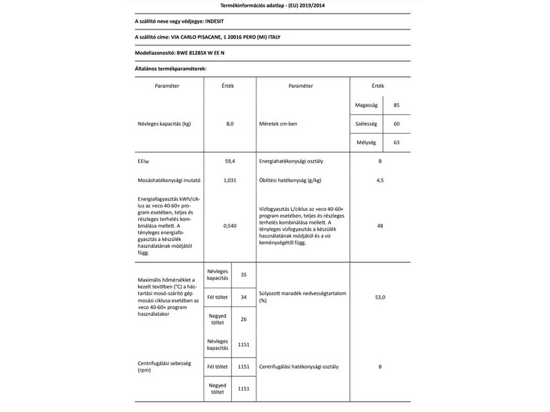 Indesit BWE 81285X W EE N Elöltöltős mosógép