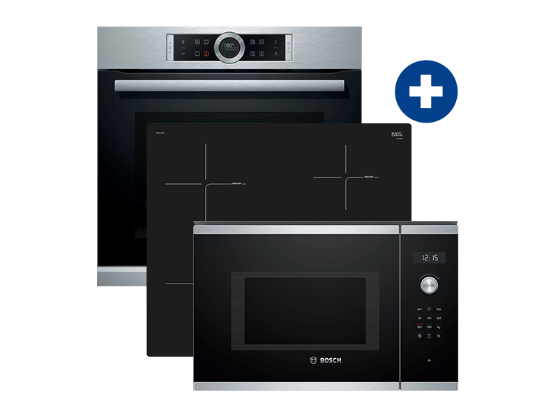 Bosch HBG635NS1 Beépíthető sütő + Bosch PUE611FB1E Beépíthető indukciós főzőlap + Bosch BEL554MS0 Beépíthető mikrohullámú sütő