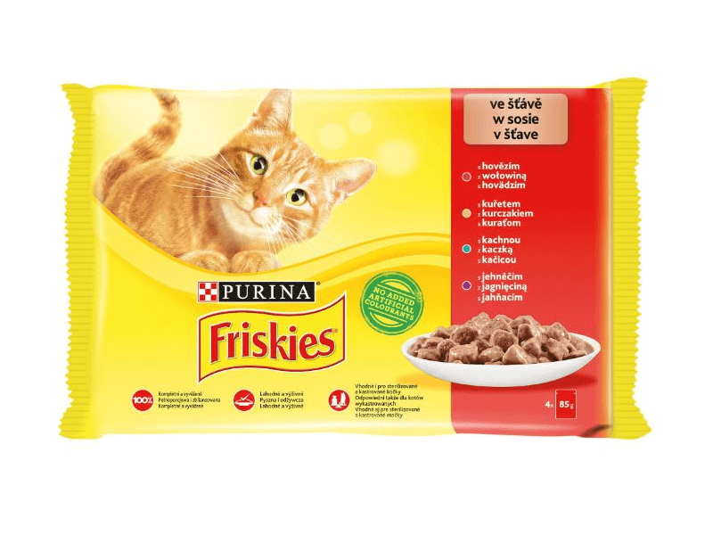 Friskies Alutasakos macskaeledel, Csirke, Marha, Bárány és Kacsa, 4 x 85g