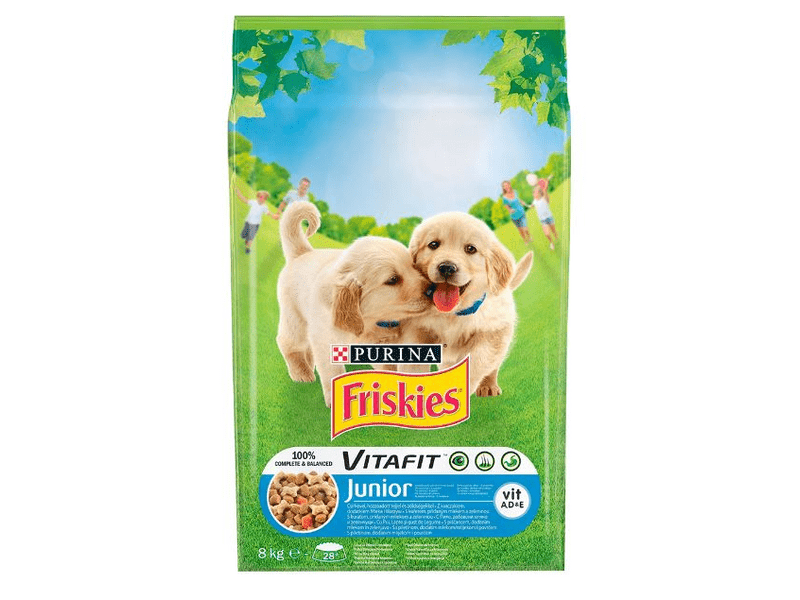 Friskies Junior kutyaeledel, Csirke- Tej és Zöldség, 8kg