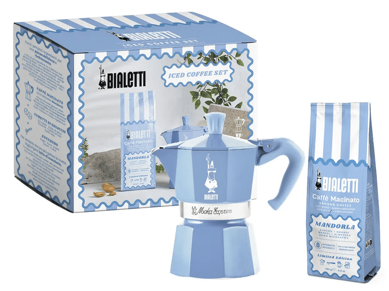 Bialetti Moka Express kotyogós kávéfőző, kék+Mandulás őrölt kávé, 250g (5409)