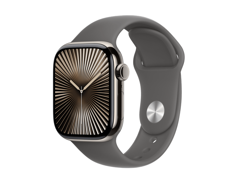 Apple Watch Series 10 GPS + Cellular, 46 mm natúr titántok, kőszürke sportszíj, M/L (MWYA3QH/A)