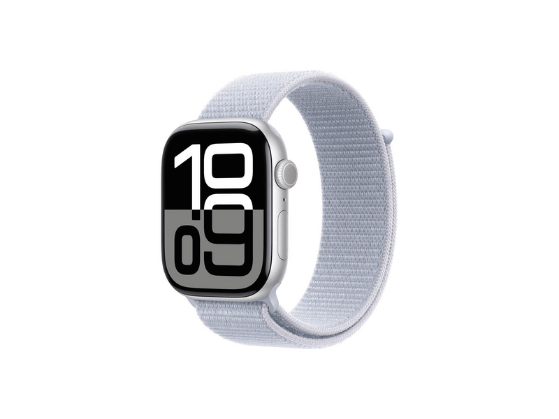 Apple Watch Series 10 GPS + Cellular – 46 mm-es ezüst alumíniumtok, fakókék sportpánt (MWY23QH/A)