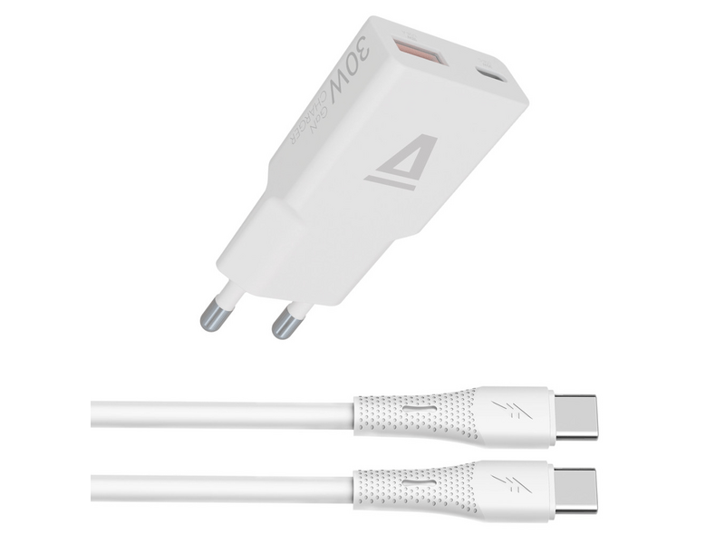 Avax CH6413 30W GaN töltő és 60W USB-C szilikon kábel csomag, fehér