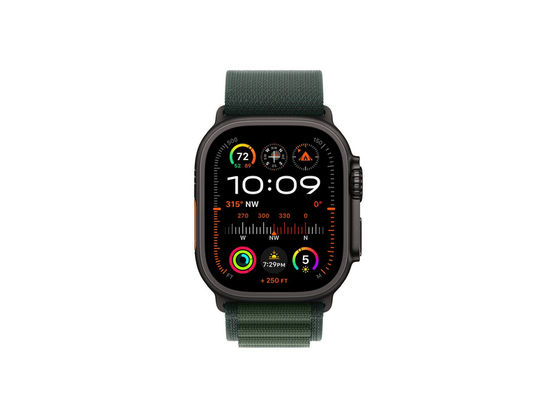 Apple Watch Ultra 2 GPS + Cellular, 49 mm-es fekete titántok, sötétzöld alpesi pánt, S (MX4Q3CM/A)