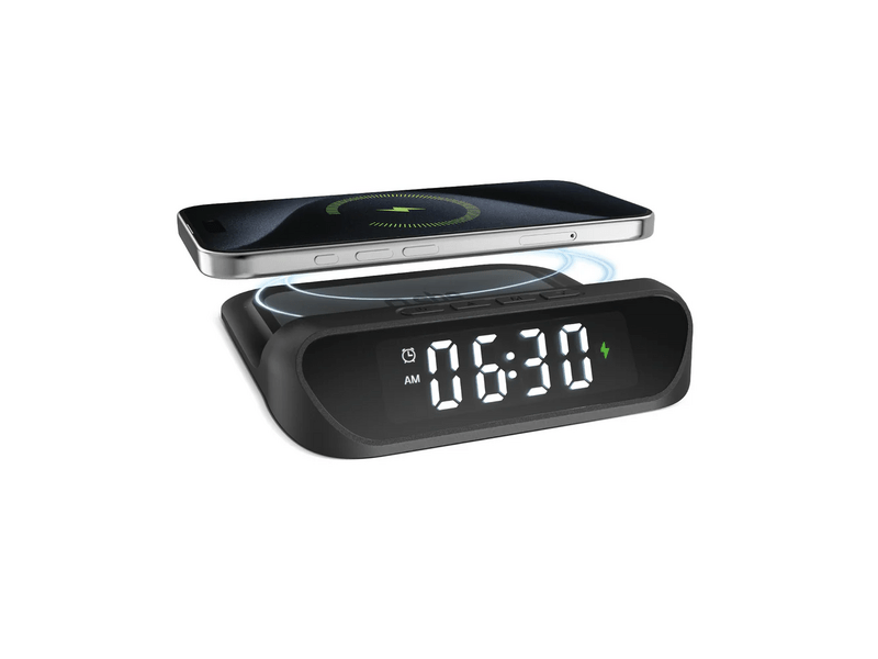 SBS 2-in-1 Ébresztőóra vezeték nélküli töltővel, fekete (TEWIRCLOCK)