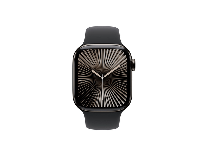 Apple Watch Series 10 GPS + Cellular, 42 mm-es palaszürke titántok, fekete sportszíj, S/M (MWXG3QH/A)