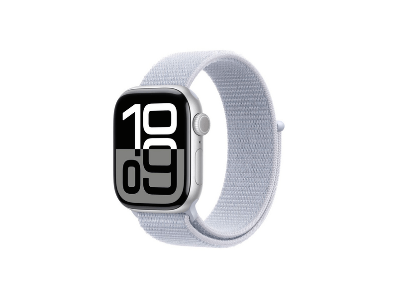 Apple Watch Series 10 GPS + Cellular – 42 mm-es ezüst alumíniumtok, fakókék sportpánt (MWX53QH/A)