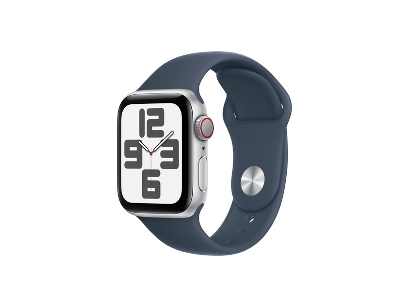 Apple Watch SE (2023) GPS + Cellular – 40 mm-es ezüst alumíniumtok, viharkék sportszíj - S/M (MRGJ3QH/A)