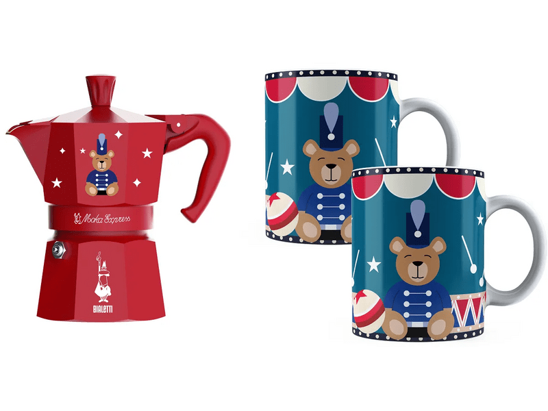 Bialetti Moka Express kotyogós kávéfőző, karácsonyi maci + 2db bögre (5318)