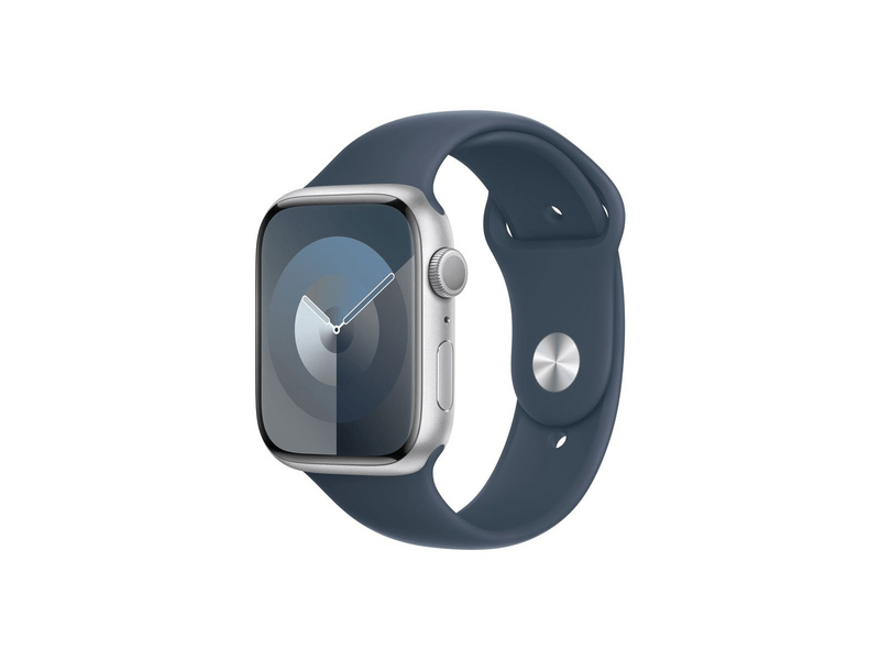 Apple Watch Series 9 (2023) GPS – 45 mm-es ezüst alumíniumtok, viharkék sportszíj - S/M (MR9D3QH/A)