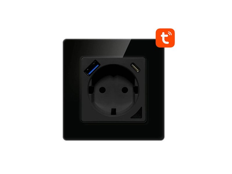 Avatto N-WOT10-USB-B USB és USB-C TUYA intelligens WiFi fali aljzat, fekete