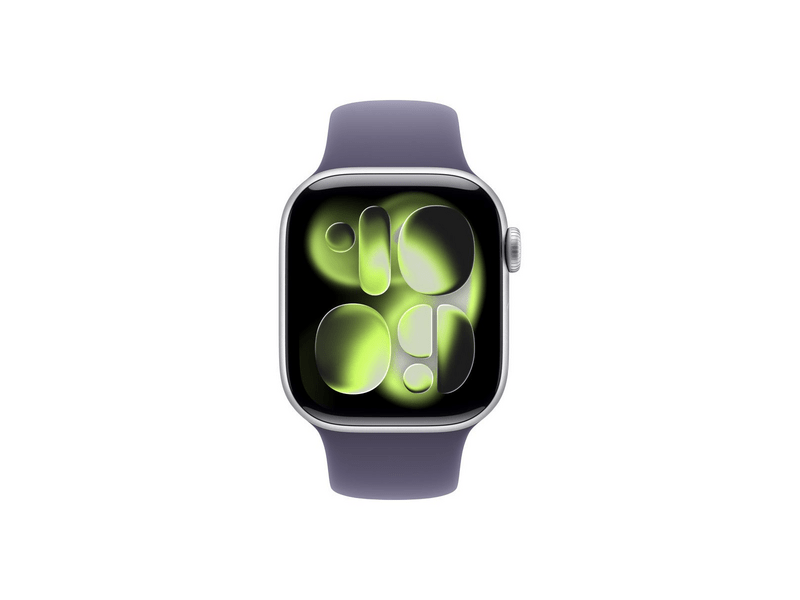 Apple Watch Series 11 GPS + Cellular, 42 mm-es ezüst alumíniumtok, ködös lila sportpánt M/L (MF8J4MP/A)