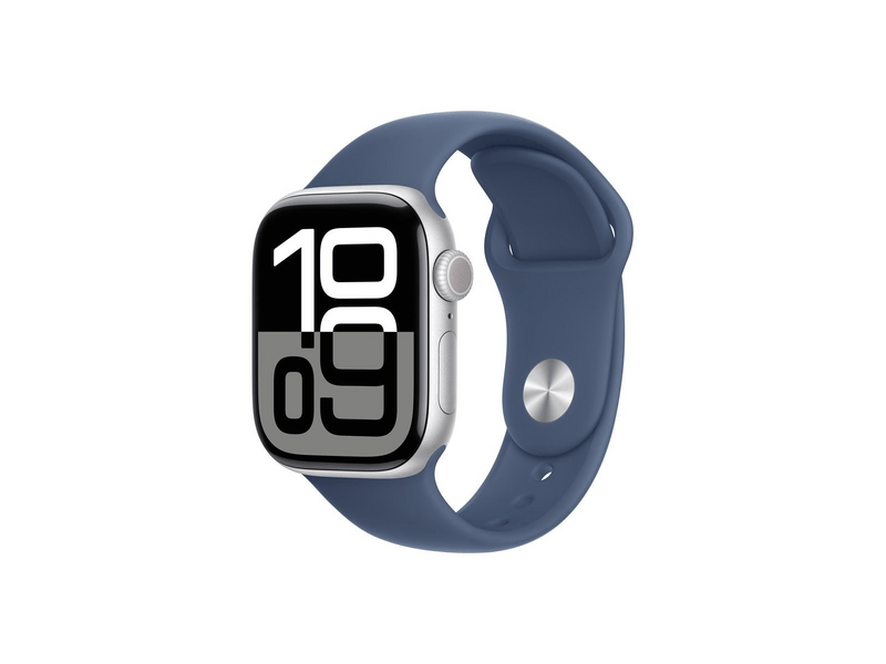 Apple Watch Series 10 GPS + Cellular – 42 mm-es ezüst alumíniumtok, denim sportszíj - S/M (MWX33QH/A)