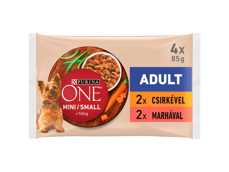 PURINA ONE Mini Adult marhával és csirkével szószban, nedves eledel felnőtt kutyáknak 4x85g