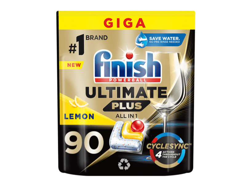 Finish Ultimate Plus All in 1 mosogatógép-kapszula, Lemon, 90 db + Finish Shine & Protect Rinse Aid öblítőszer gépi mosogatáshoz, Citrom illat, 800 ml