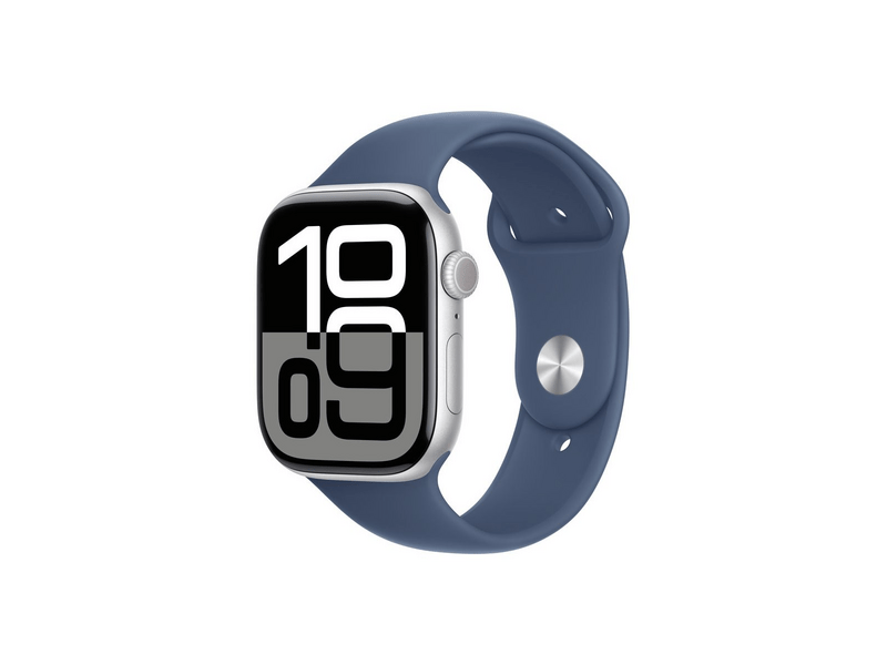 Apple Watch Series 10 GPS + Cellular – 46 mm-es ezüst alumíniumtok, denim sportszíj - M/L (MWY13QH/A)