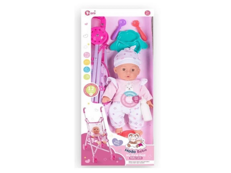 Játékbaba babakocsival és kiegészítőkkel, 35 cm (WZB108-10)