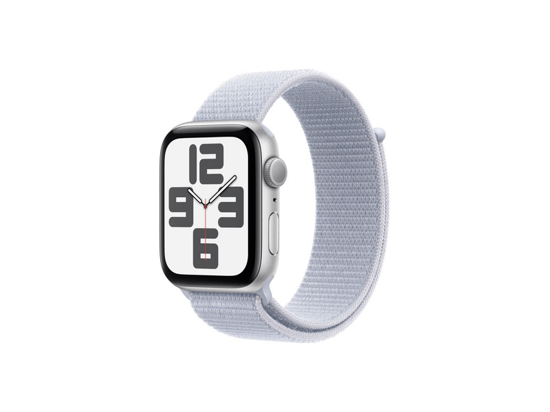 Apple Watch SE (2024) GPS – 44 mm-es ezüst alumíniumtok, fakókék sportpánt (MXET3QH/A)
