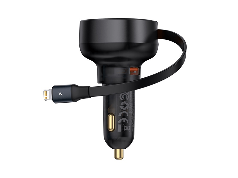 Baseus Enjoyment Pro 55W, USB Type-A autós gyorstöltő, iPhone automata behúzós kábellel