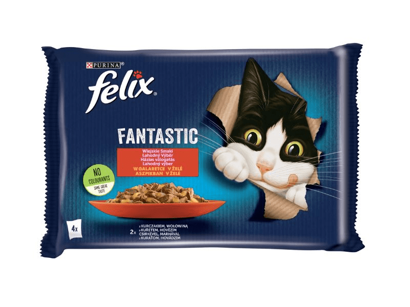 Felix Fantastic Csirkével/Marhával aszpikban nedves macskaeledel, 4x85g