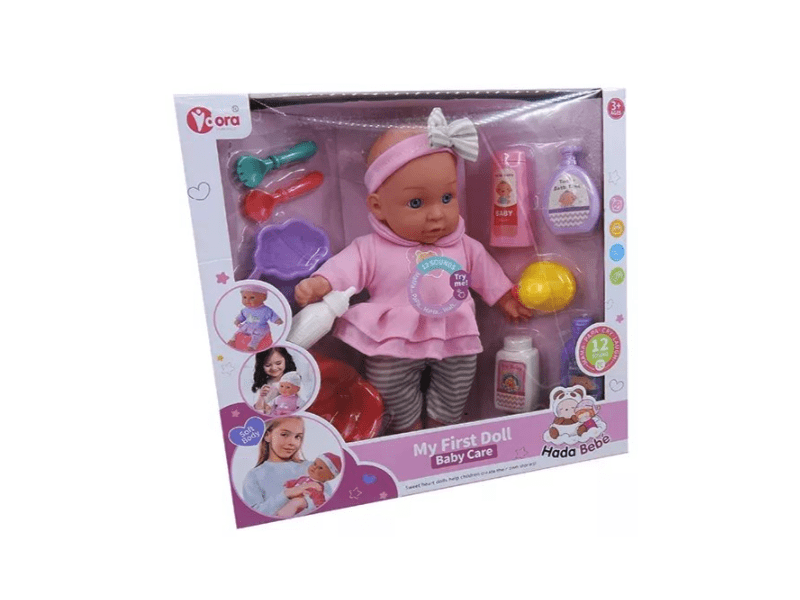 Játékbaba csíkos nadrágban, kiegészítőkkel - 35 cm (WZB104-12)