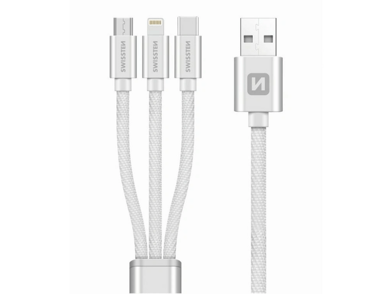 Swissten USB-A/ lightning MFI- microUSB-USB-C Kábel 1,2m, ezüst (72501102)