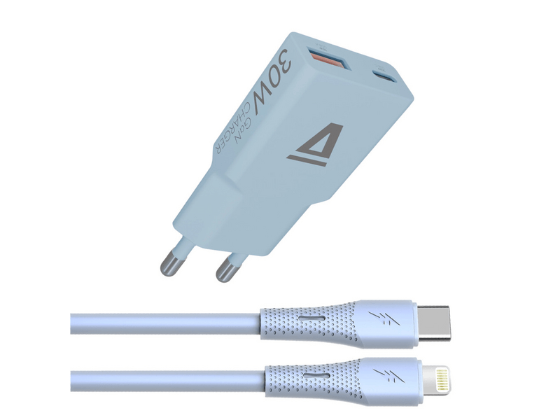 Avax CH6416 30W GaN töltő és USB-C–Lightning szilikon kábel, világoskék