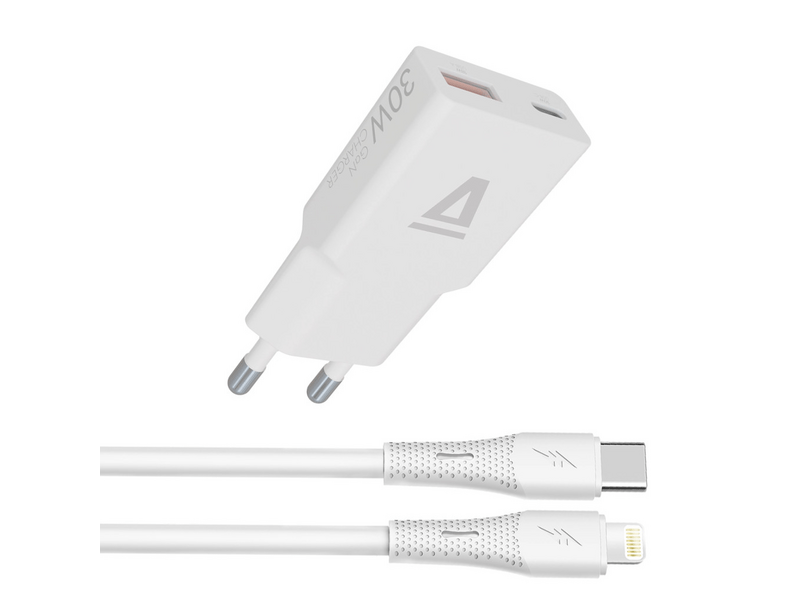 Avax CH6414 30W GaN töltő és USB-C–Lightning szilikon kábel, fehér