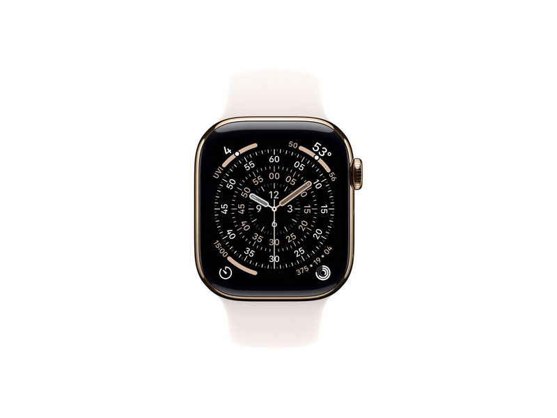 Apple Watch Series 11 GPS + Cellular, 42 mm-es aranyszínű titántok, lágy rózsaszín sportszíj, S/M (MF8W4MP/A)