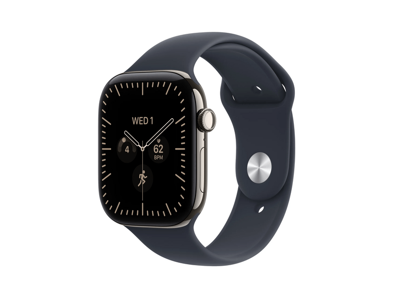 Apple Watch Series 12 GPS+Cellular, 46 mm natúr titán tok, tengerészkék sportszíj, S/M (MJGM4MP/A)
